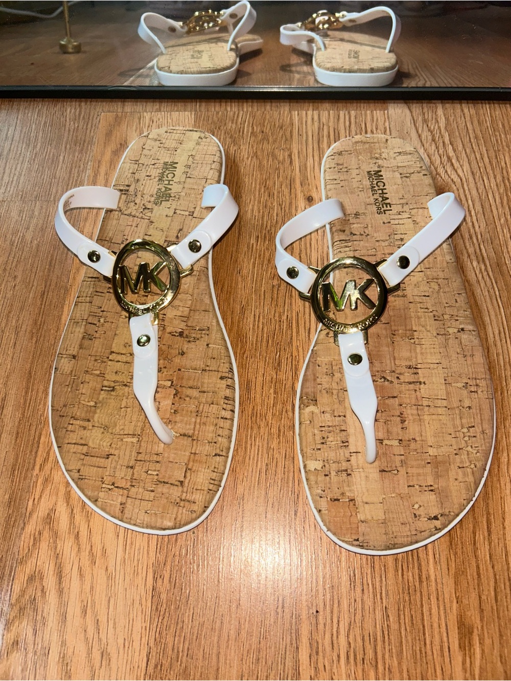 Michael Kors White and Gold MK Logo Cork Thong Sandals